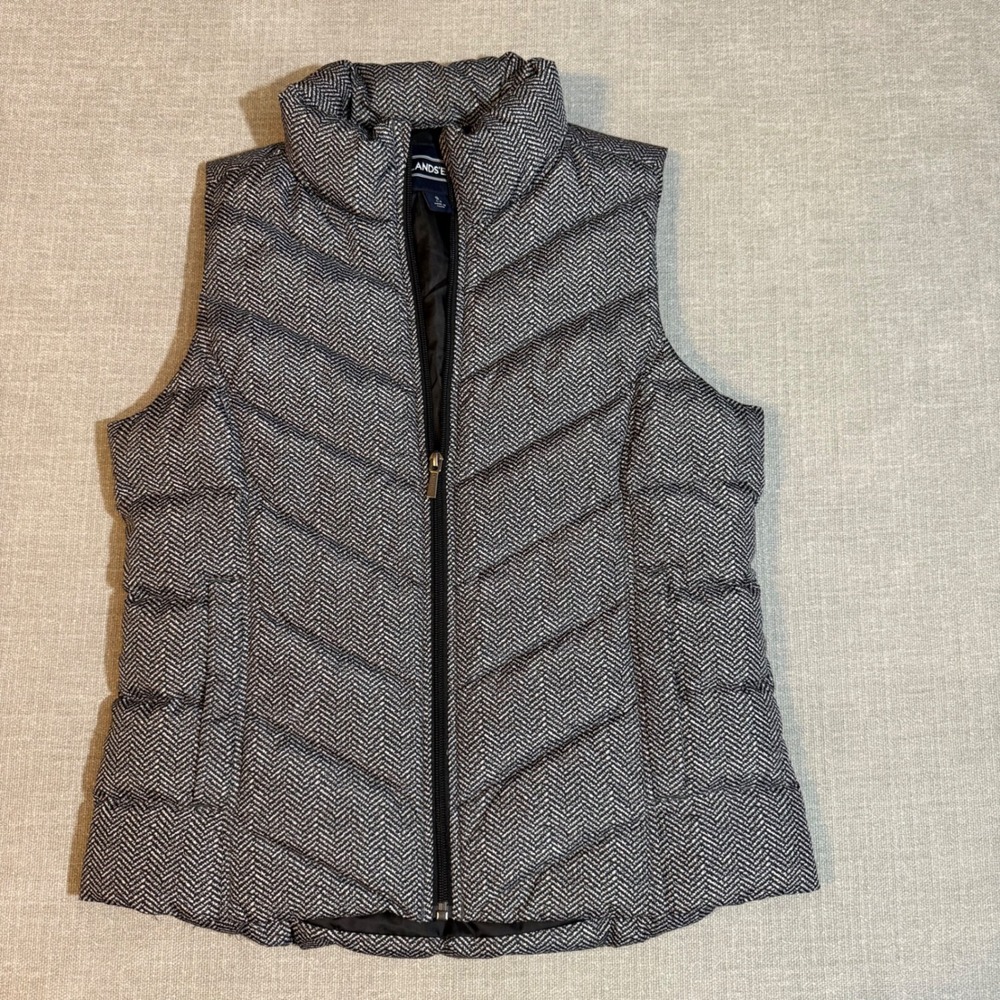 Lands' End Puffer Vest Small 6-8 Black White Herringbone Down Insulated Quilted